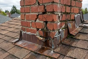 Damaged chimney mortar and flashing that can lead to roof leaks