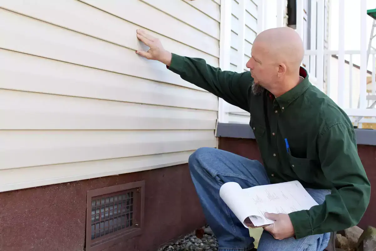 Homeowner inspecting siding for weather damage and wear.
