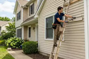 Siding contractor cleaning and repairing residential exterior siding panels.
