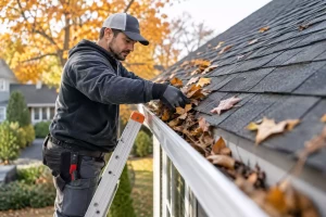 Fall gutter cleaning to help prevent water damage to a home