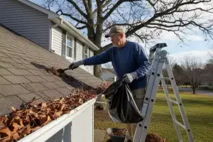 man cleaning gutters of leaves
