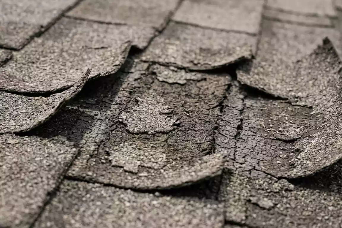 Aging asphalt shingles with signs of roof deterioration