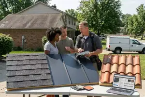 Roof specialist reviewing roofing material options with homeowner