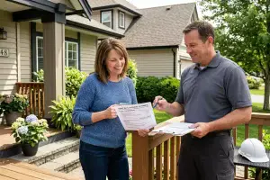 Homeowner discussing roof replacement estimate with roofing professional.